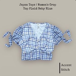 Japna Tops | Women’s Crop Top Plaid Baby Blue Polyester Bottom Up | Size S